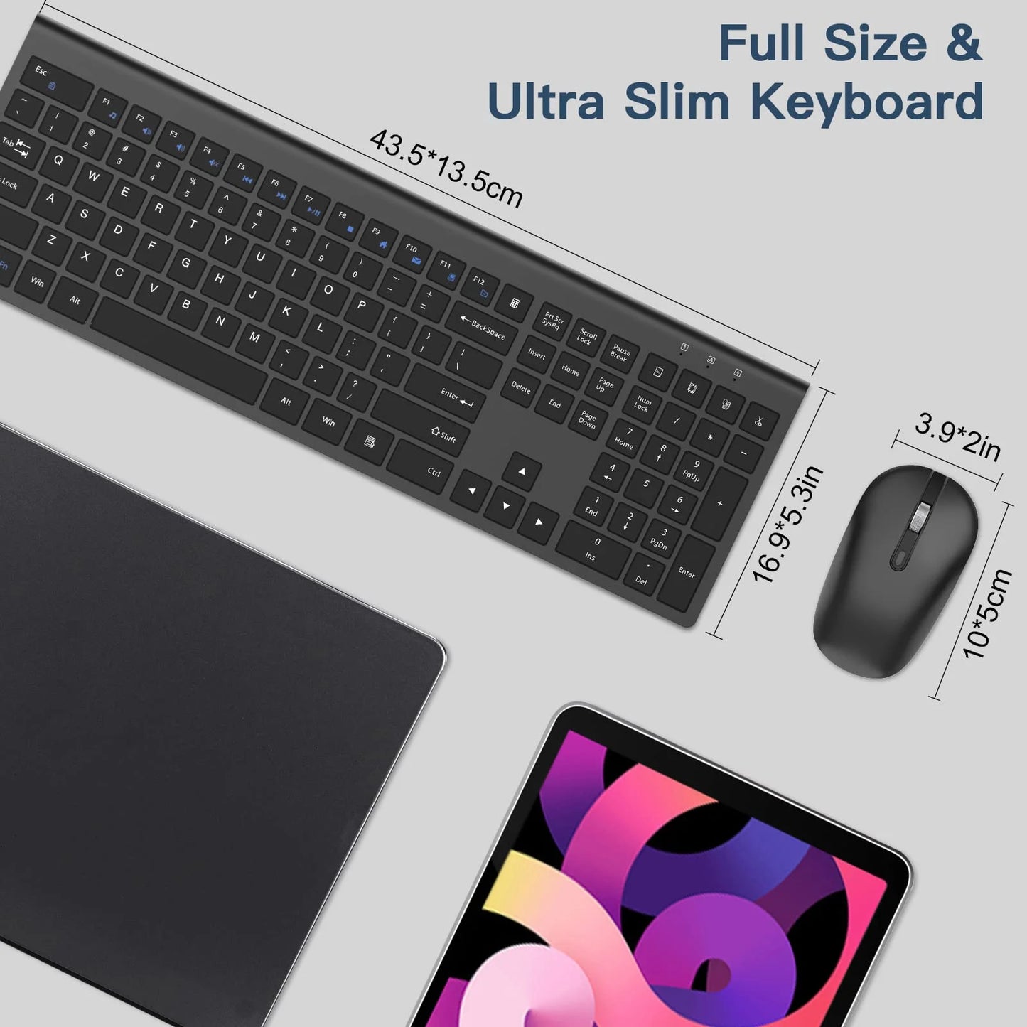 Wireless Keyboard and Mouse Combo, cimetech 2.4G Full-Sized Ultra-Slim Computer Keyboard and 3 Level DPI Adjustable Cordless USB Mouse for Computer/Laptop/PC/Windows(Black)