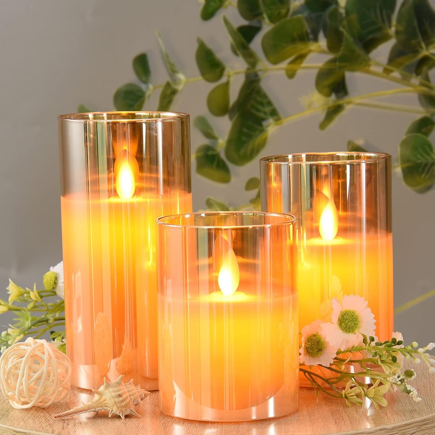 cntorich Flameless Candles 4" 5" 6" Set of 3 Outdoor Indoor Fake Pillars Gold Glass LED Battery Operated Candles Include 10-Key Remote Timer for Wedding Party Halloween Christmas Thanksgiving
