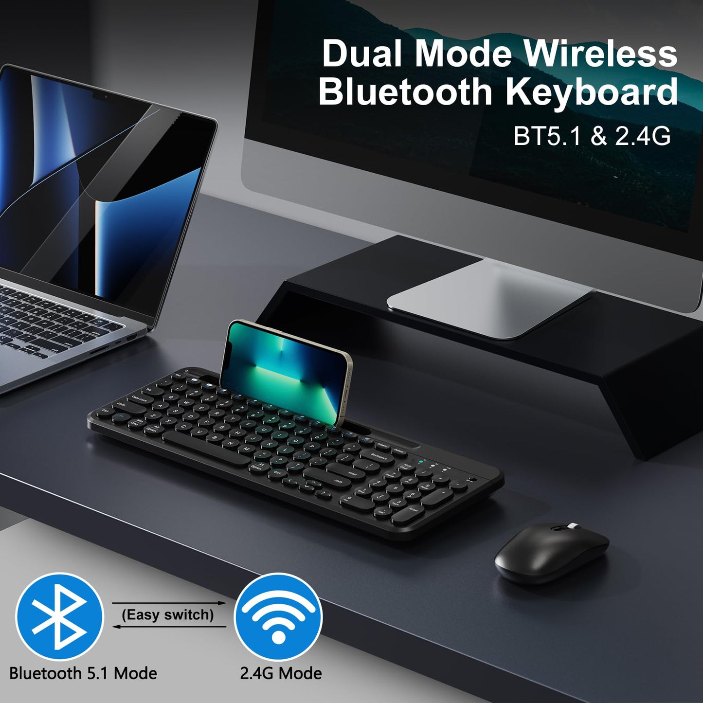 Bluetooth Keyboard, Dual Mode (BT 5.1+2.4G) Wireless Keyboard, Silent Computer Keyboard for Windows PC Laptop iPad Smartphone Tablet Android Mac, Black