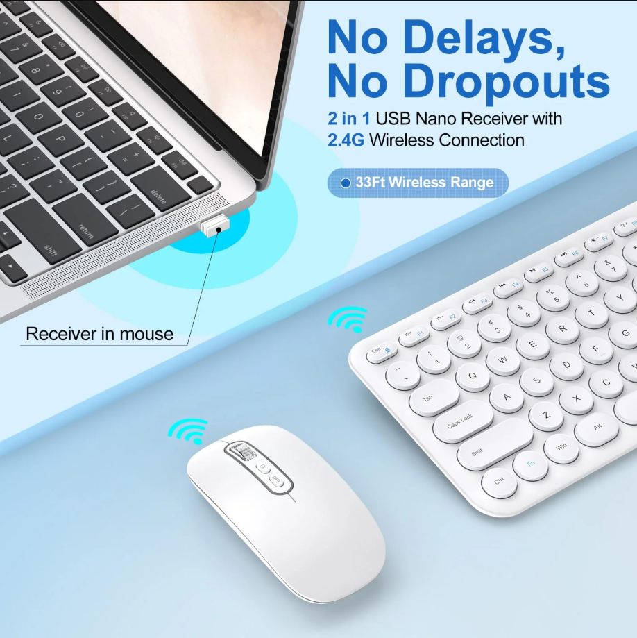 Wireless Keyboard and Mouse Combo, cimetech Rechargeable Compact Full Size Wireless Keyboard and Mouse Set 2.4G USB Ultra-Thin Sleek Design for Computer/Laptop/PC/Windows(White)