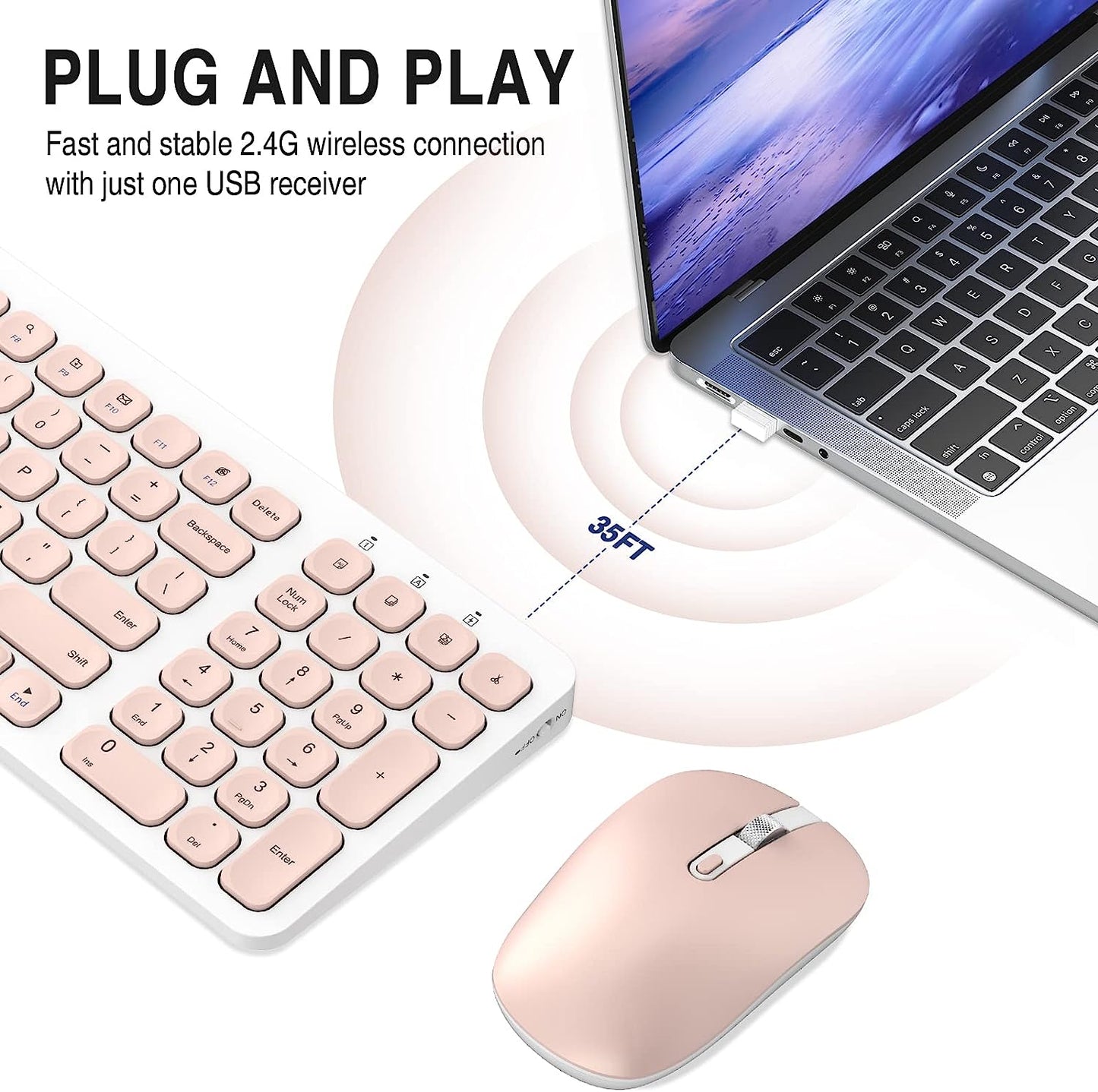 Wireless Keyboard Mouse Combo, RaceGT 2.4G Compact Full Size Wireless Keyboard and Mouse Set with Less Noise Keys, Ergonomic Design, Ultra-Thin Sleek Design, USB Silent Mouse, Pink