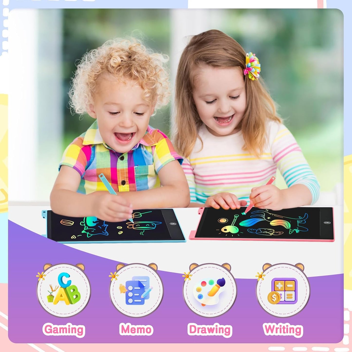 2 Pack LCD Writing Tablet, 12 inch Reusable Drawing Pad for Kids, Colourful Screen Drawing Tablet Doodle Board w/ Stylus Pen, Toy for 3 4 5 6 7 8 Years, Travel Games Toys Gifts for Kids and Adults