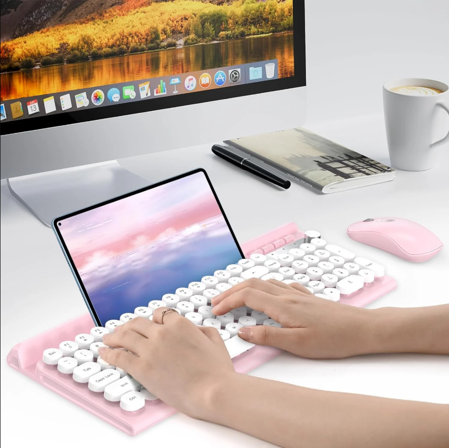 Wireless Keyboard and Mouse Combo, RaceGT Silent Keyboard Mouse Set, Full-Sized Typewriter Keyboard with Phone Tablet Holder, Round Keycaps, 2.4G Mouse Compatible with PC/Laptop/Computer(Pink)