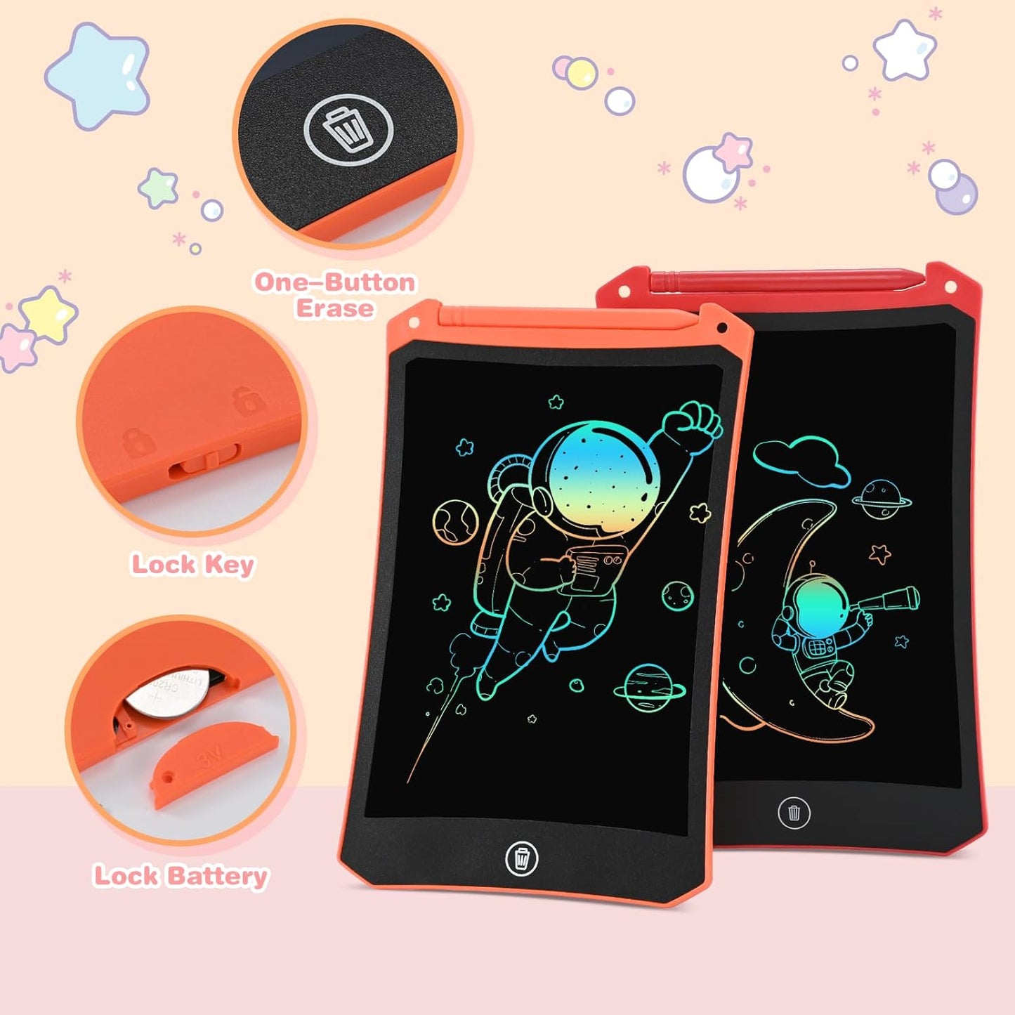 2 Pack LCD Doodle Board, 8.5 inch Reusable Drawing Tablet for Kids, LCD Writing Tablet Board w/ Stylus Pen, Pad for Boys and Girls, Birthday Gifts Travel Games Toys for Kids and Adults, Red & Orange