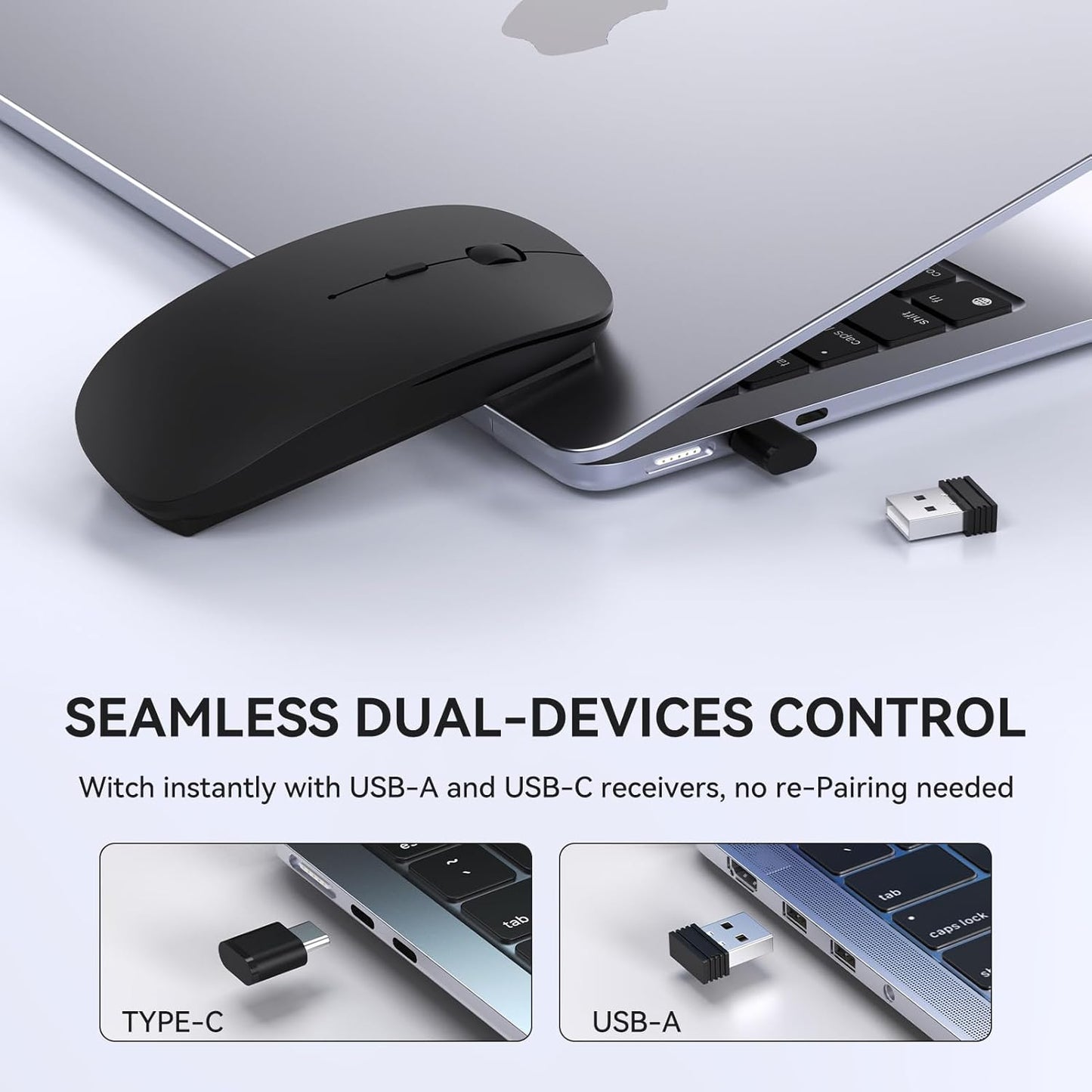 RaceGT USB C Wireless Mouse, Rechargeable Portable Silent Mouse Nano USB and Type C Receiver Dual Mode Wireless Mice, Slim Travel Mouse for MacBook Air, Laptop, Mac, MacBook, Chromebook, Android, PC
