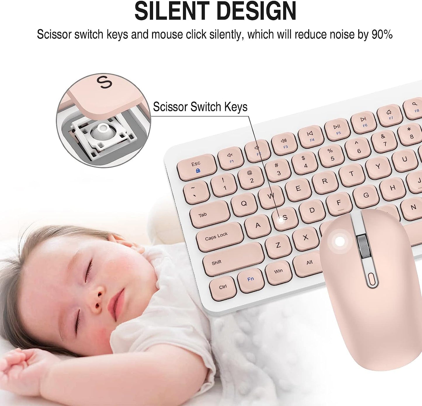 Wireless Keyboard Mouse Combo, RaceGT 2.4G Compact Full Size Wireless Keyboard and Mouse Set with Less Noise Keys, Ergonomic Design, Ultra-Thin Sleek Design, USB Silent Mouse, Pink