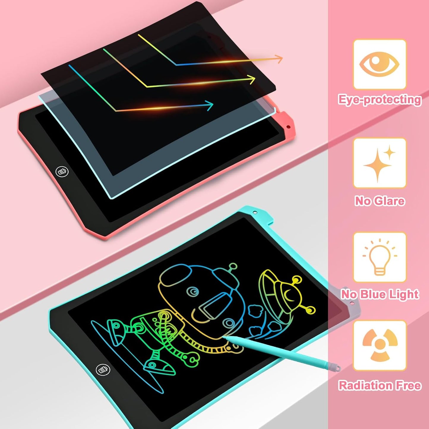 2 Pack LCD Writing Tablet, 10 inch Reusable Drawing Pad for Kids, Colourful Screen Drawing Tablet Doodle Board w/ Stylus Pen, Toy for 3 4 5 6 7 8 Years Old, Gifts for Kids and Adults, Pink & Blue