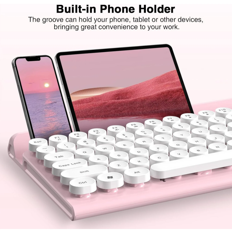Wireless Keyboard and Mouse Combo, RaceGT Silent Keyboard Mouse Set, Full-Sized Typewriter Keyboard with Phone Tablet Holder, Round Keycaps, 2.4G Mouse Compatible with PC/Laptop/Computer(Pink)