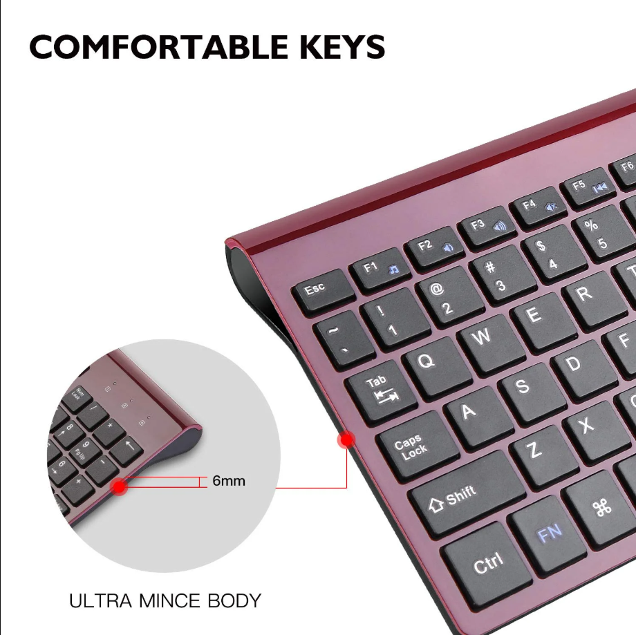 Wireless Keyboard Mouse Combo, Cimetech Compact Full Size Wireless Keyboard and Mouse Set 2.4G USB Ultra-Thin Sleek Design for PC/Laptop/Windows(Wine Red)