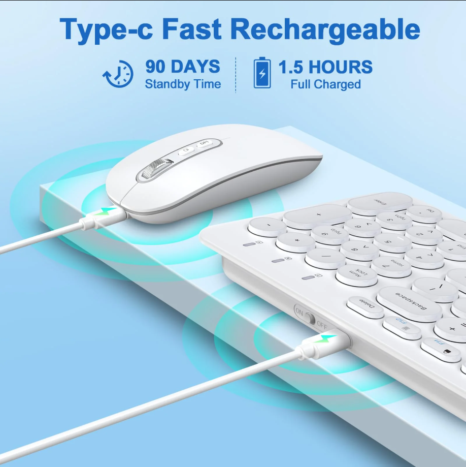 Wireless Keyboard and Mouse Combo, cimetech Rechargeable Compact Full Size Wireless Keyboard and Mouse Set 2.4G USB Ultra-Thin Sleek Design for Computer/Laptop/PC/Windows(White)