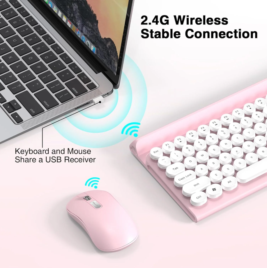 Wireless Keyboard and Mouse Combo, RaceGT Silent Keyboard Mouse Set, Full-Sized Typewriter Keyboard with Phone Tablet Holder, Round Keycaps, 2.4G Mouse Compatible with PC/Laptop/Computer(Pink)
