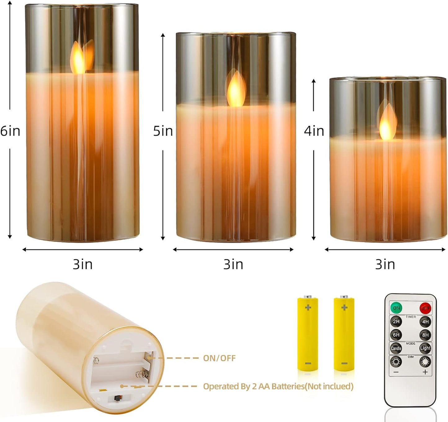 cntorich Flameless Candles 4" 5" 6" Set of 3 Outdoor Indoor Fake Pillars Gold Glass LED Battery Operated Candles Include 10-Key Remote Timer for Wedding Party Halloween Christmas Thanksgiving