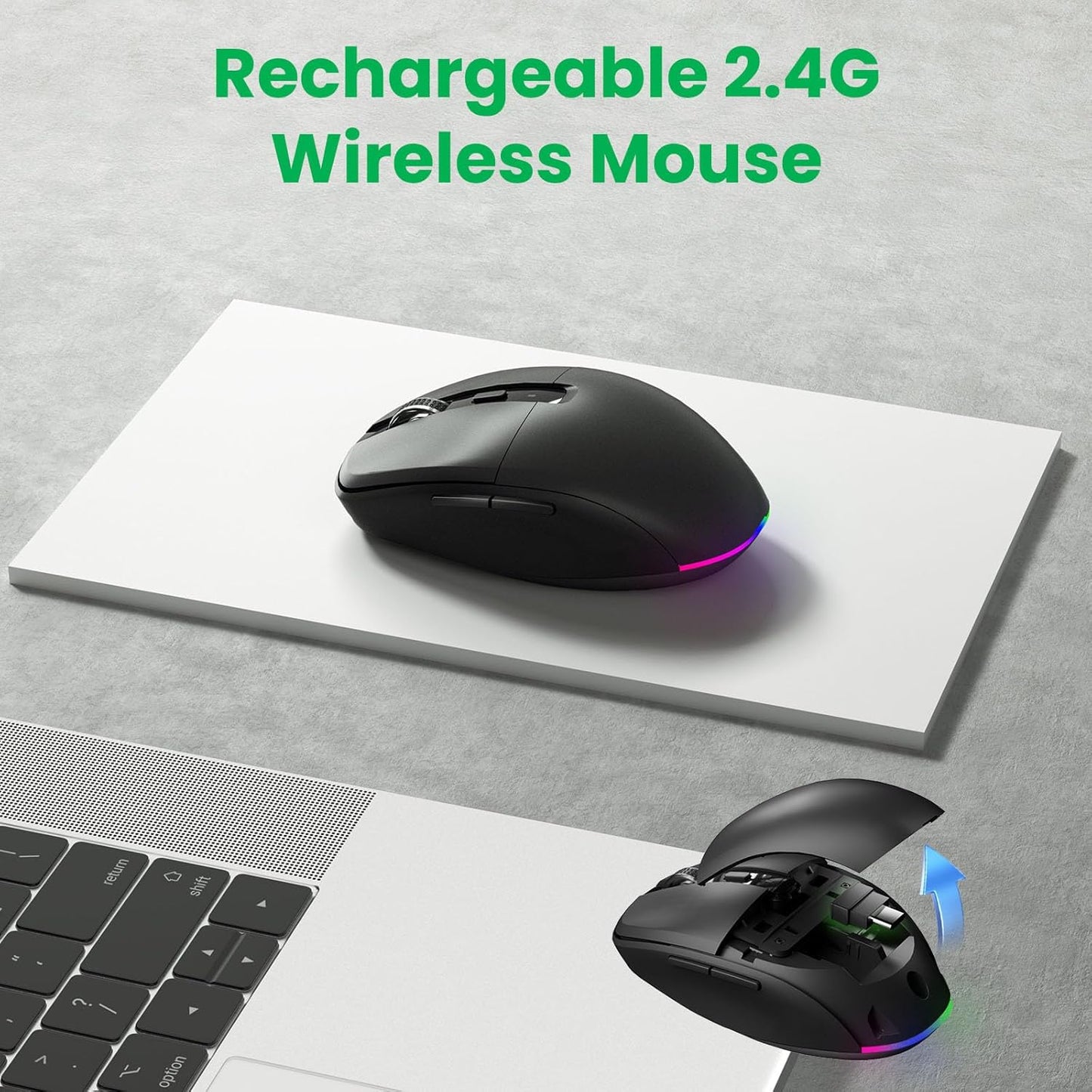 RaceGT USB C Wireless Mouse, 2.4G Rechargeable Portable Silent Mouse, RGB Lighting Type C Receiver Wireless Mice, Slim Travel Mouse for MacBook Air, Laptop, MacBook, Chromebook, Android, Windows, PC