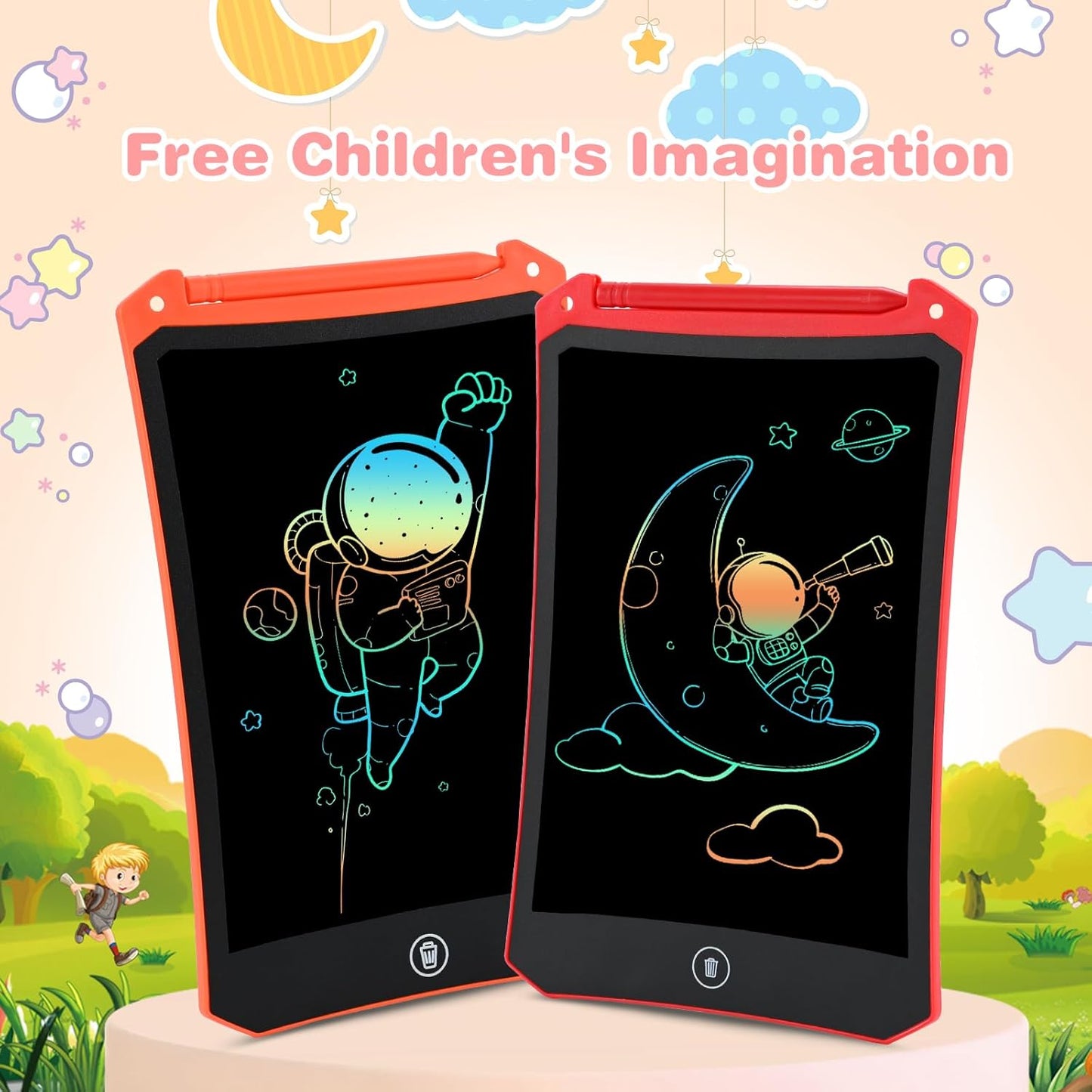 2 Pack LCD Doodle Board, 8.5 inch Reusable Drawing Tablet for Kids, LCD Writing Tablet Board w/ Stylus Pen, Pad for Boys and Girls, Birthday Gifts Travel Games Toys for Kids and Adults, Red & Orange