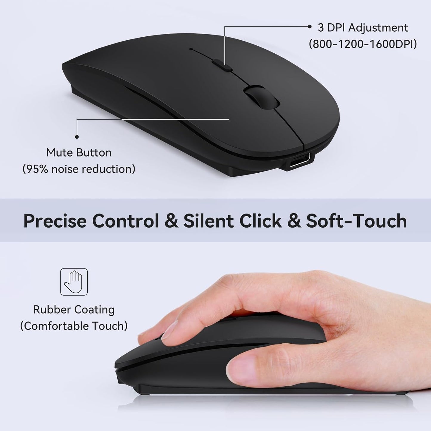 RaceGT USB C Wireless Mouse, Rechargeable Portable Silent Mouse Nano USB and Type C Receiver Dual Mode Wireless Mice, Slim Travel Mouse for MacBook Air, Laptop, Mac, MacBook, Chromebook, Android, PC