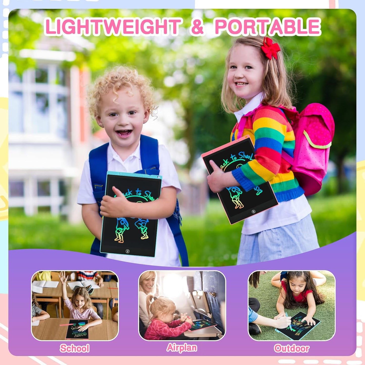 2 Pack LCD Writing Tablet, 12 inch Reusable Drawing Pad for Kids, Colourful Screen Drawing Tablet Doodle Board w/ Stylus Pen, Toy for 3 4 5 6 7 8 Years, Travel Games Toys Gifts for Kids and Adults