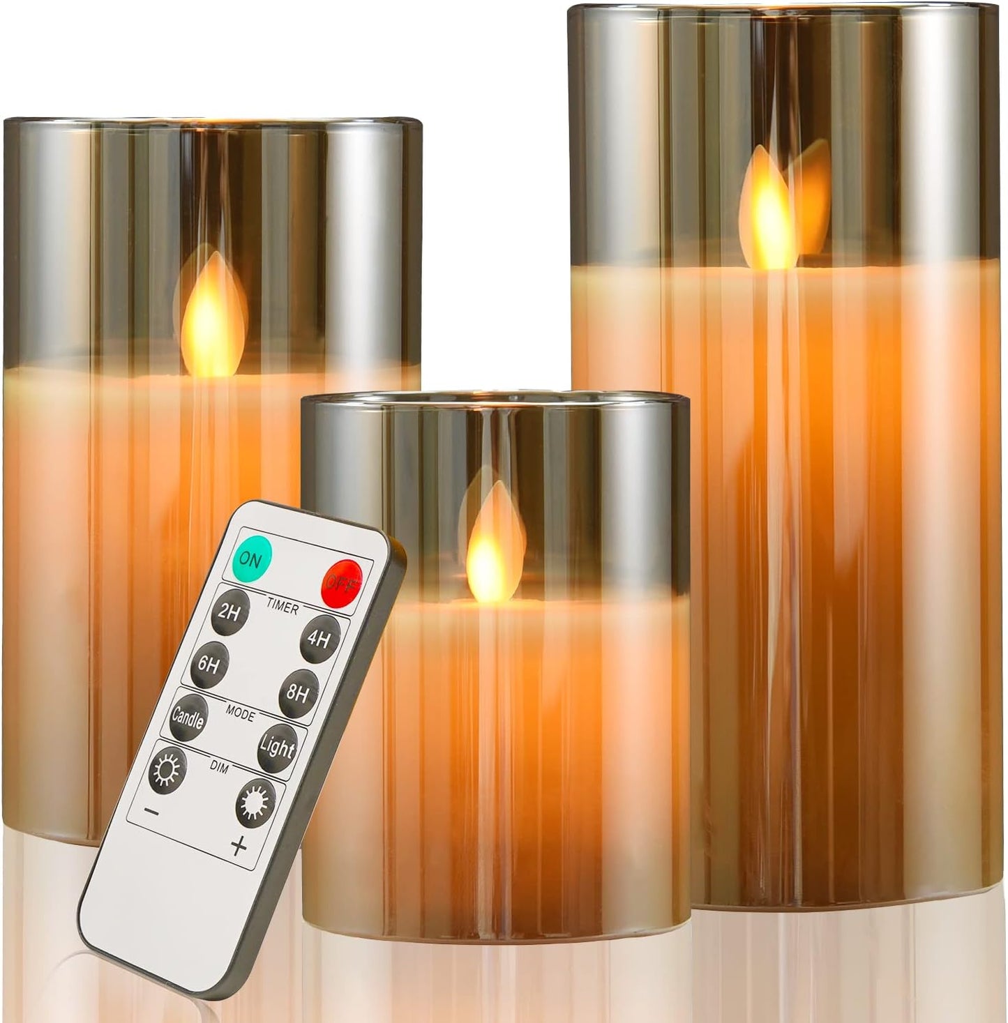 cntorich Flameless Candles 4" 5" 6" Set of 3 Outdoor Indoor Fake Pillars Gold Glass LED Battery Operated Candles Include 10-Key Remote Timer for Wedding Party Halloween Christmas Thanksgiving