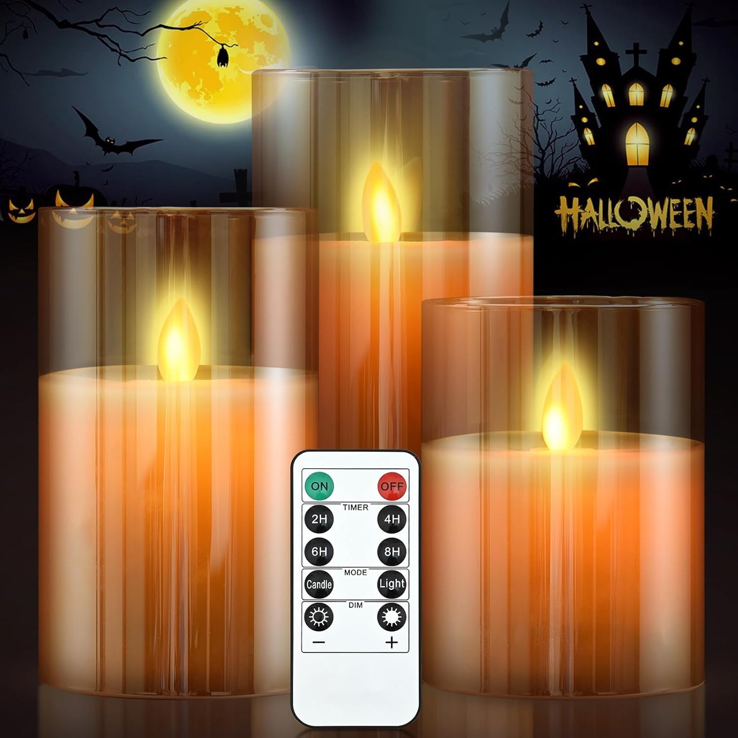 cntorich Flameless Candles 4" 5" 6" Set of 3 Outdoor Indoor Fake Pillars Gold Glass LED Battery Operated Candles Include 10-Key Remote Timer for Wedding Party Halloween Christmas Thanksgiving