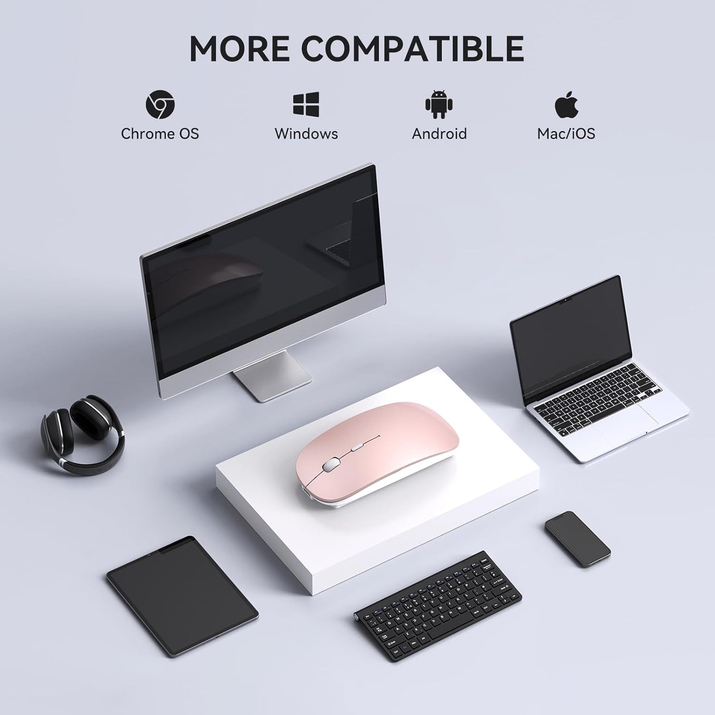 RaceGT USB C Wireless Mouse for MacBook Pro/Air, Rechargeable Portable Silent Mouse for Laptop, USB C & USB A Dual Mode Receiver Cordless Mice for MacBook, Mac, PC, Desktop and Multi-Device-Rose Gold