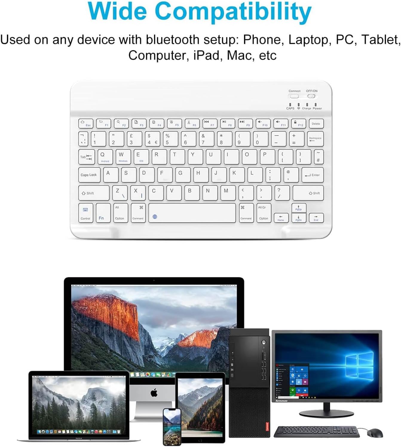 Cimetech Bluetooth Keyboard, Ultra-Slim Wireless Keyboard Quiet Portable Design with Built-in Rechargeable Battery, Fast Charging for iPad, iPhone, MacBook, Tablet,IOS, Android 3.0 and Above OS White