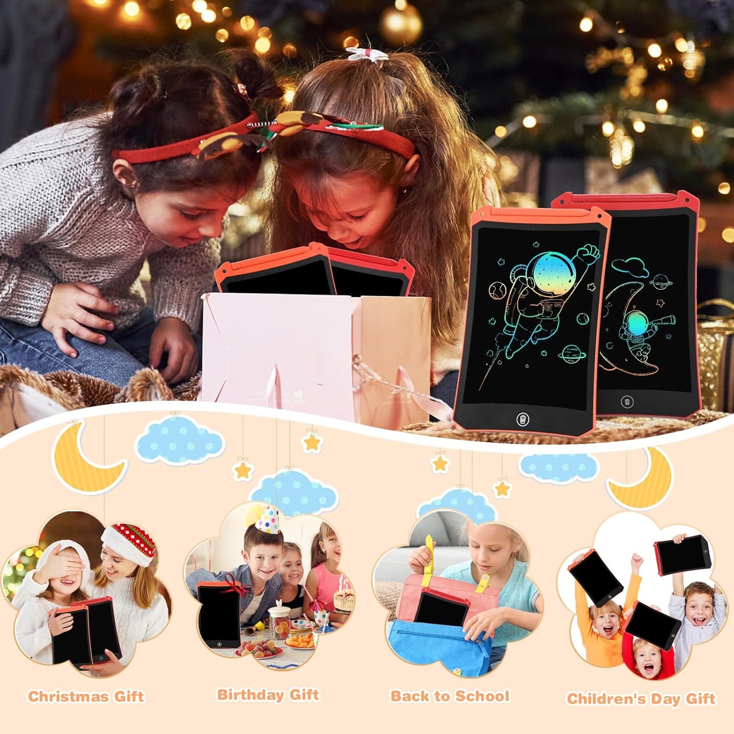 2 Pack LCD Doodle Board, 8.5 inch Reusable Drawing Tablet for Kids, LCD Writing Tablet Board w/ Stylus Pen, Pad for Boys and Girls, Birthday Gifts Travel Games Toys for Kids and Adults, Red & Orange