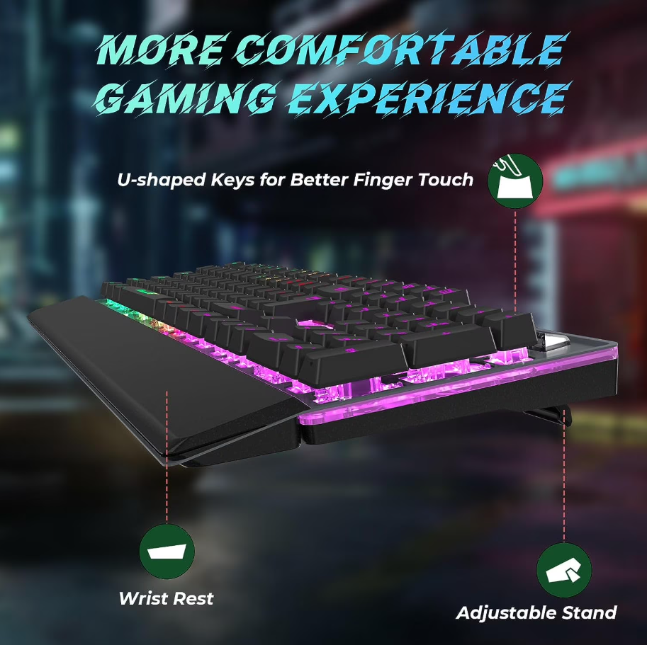 RaceGT Wired Mechanical Gaming Keyboard, RGB Backlit Computer Keyboard with Wrist Rest, 104 Keys Full Size Membrane Gaming Keyboard Splash-Proof Design Metal Panel for Windows, Mac, PC, Laptop