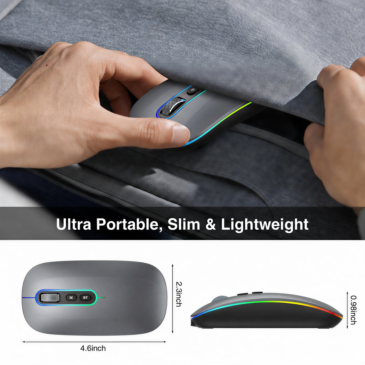 Cimetech Wireless Bluetooth Mouse Rechargeable, Computer Mice with Dual Mode (Bluetooth 5.1 and 2.4G), Compatible with iPad, Laptop, Mac, Windows Gray (Gray)