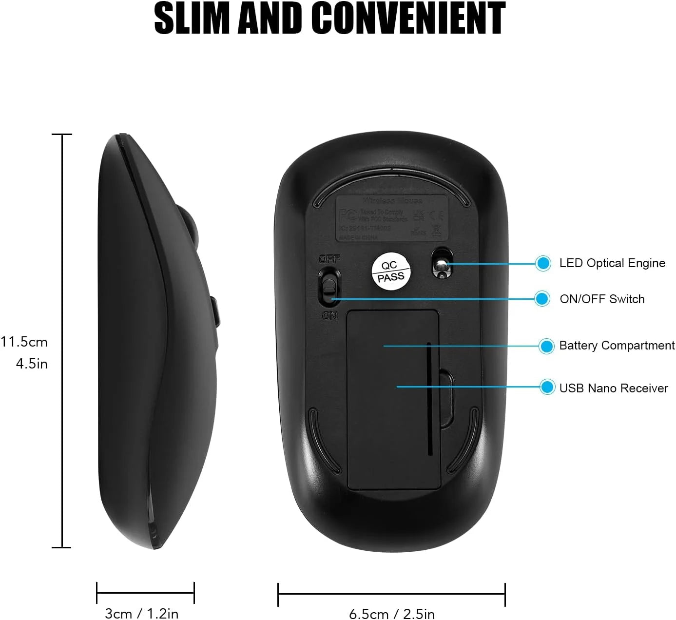 Wireless Mouse, 2.4G Slim Portable Computer Mouse for Laptop, Silent Mouse Ergonomic Cordless Mice with USB Nano Receiver, Compatible with PC Mac Computer Macbook Notebook, Black