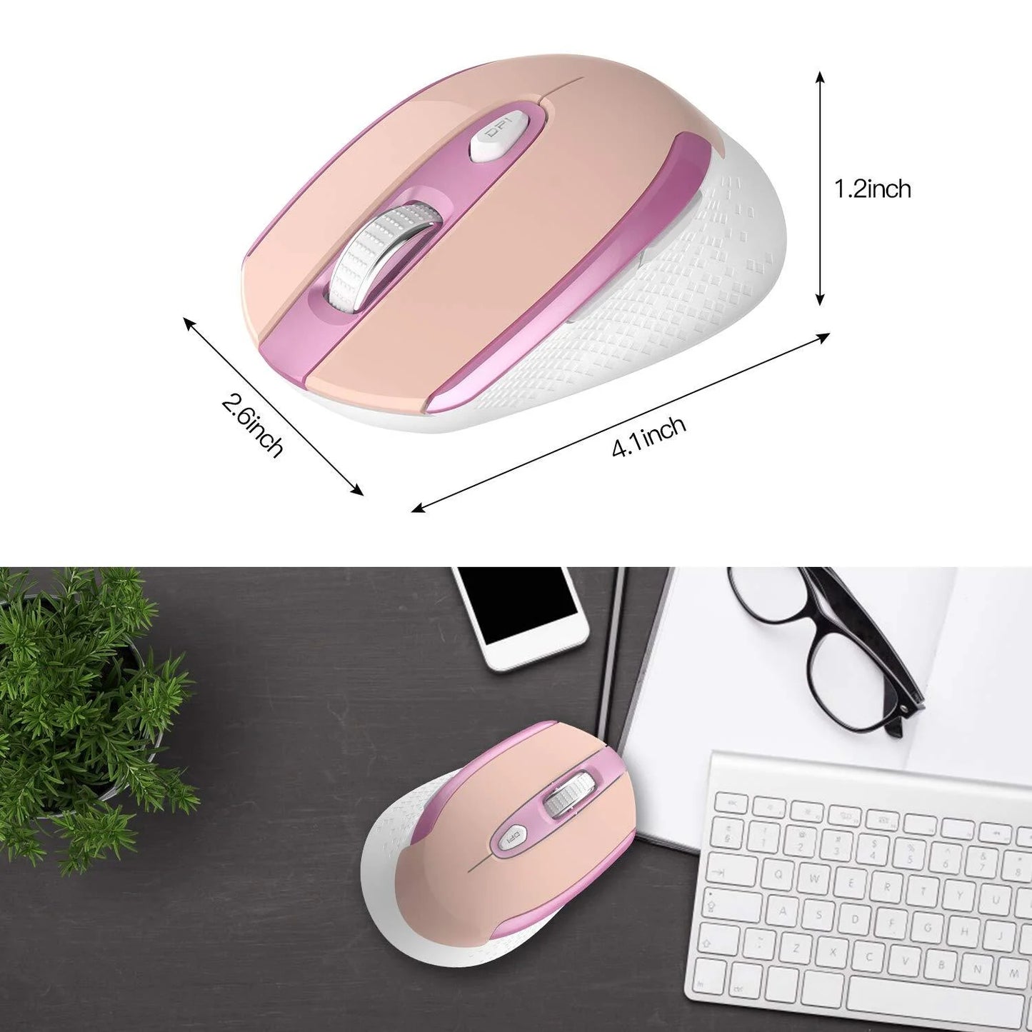 Wireless Mouse, 2.4G Wireless Ergonomic Optical Mouse, Cimetech Slim Silent Mouse with USB Receiver and 3 Adjustable DPI Cordless Computer Mouse for Laptop, Desktop, MacBook ,PC and Home Office-Pink
