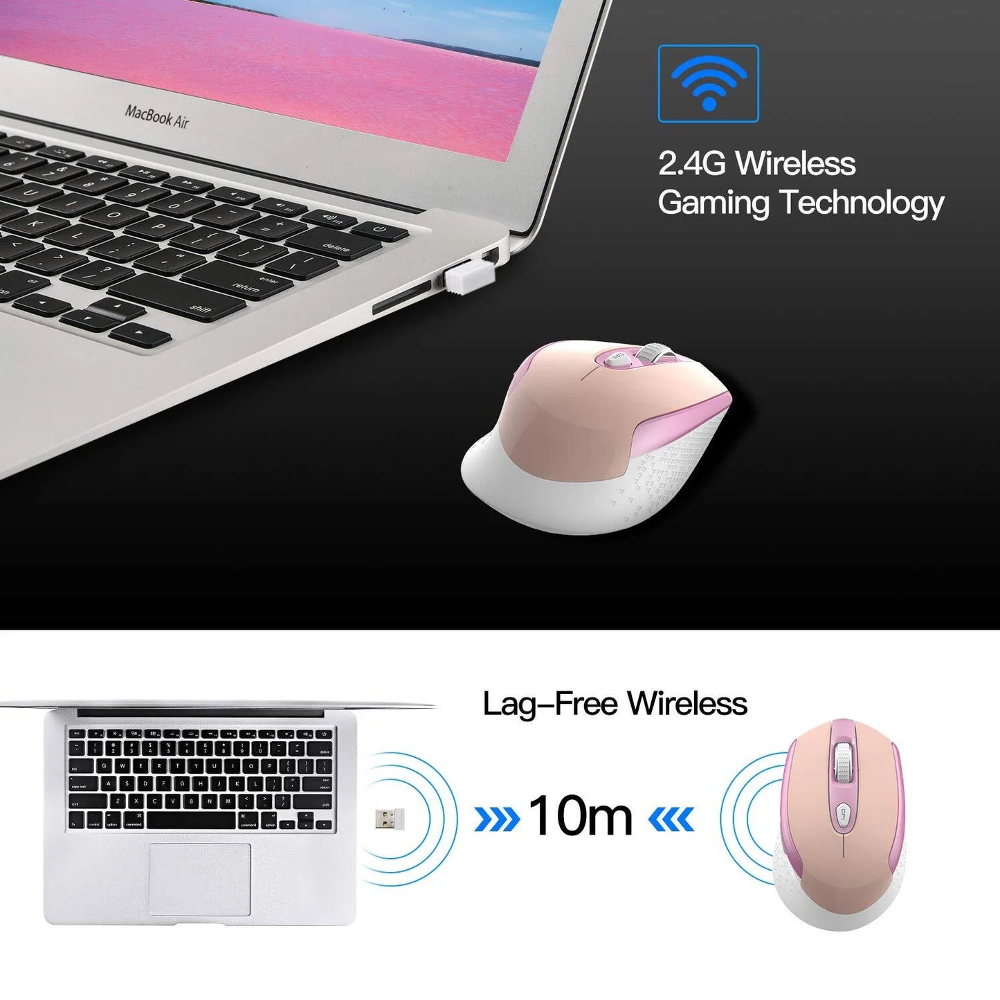 Wireless Mouse, 2.4G Wireless Ergonomic Optical Mouse, Cimetech Slim Silent Mouse with USB Receiver and 3 Adjustable DPI Cordless Computer Mouse for Laptop, Desktop, MacBook ,PC and Home Office-Pink