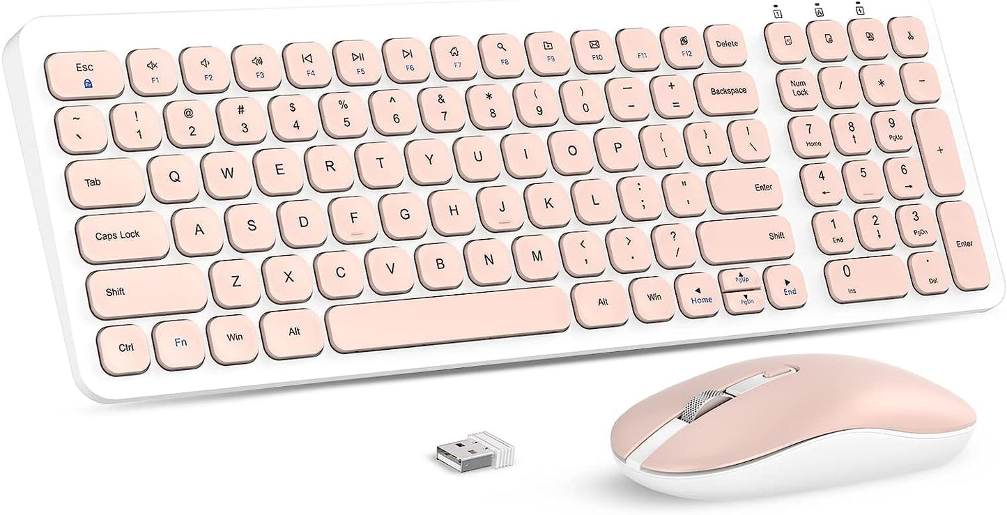 Wireless Keyboard Mouse Combo, RaceGT 2.4G Compact Full Size Wireless Keyboard and Mouse Set with Less Noise Keys, Ergonomic Design, Ultra-Thin Sleek Design, USB Silent Mouse, Pink