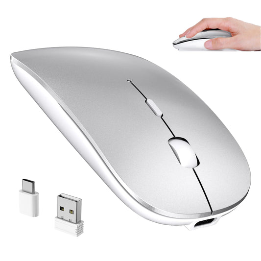 RaceGT USB C Wireless Mouse, Rechargeable Portable Silent Mouse Nano USB and Type C Receiver Dual Mode Wireless Mice, Slim Travel Mouse for MacBook Air, Laptop, Mac, MacBook, Chromebook, PC, Silver