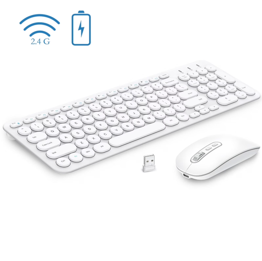 Wireless Keyboard and Mouse Combo, cimetech Rechargeable Compact Full Size Wireless Keyboard and Mouse Set 2.4G USB Ultra-Thin Sleek Design for Computer/Laptop/PC/Windows(White)