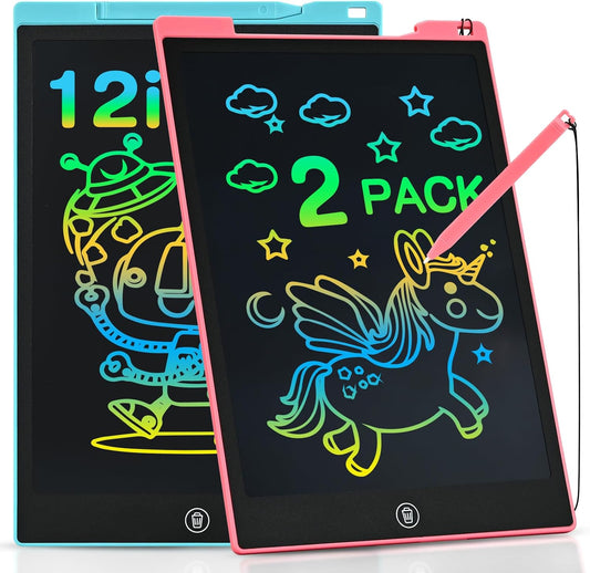2 Pack LCD Writing Tablet, 12 inch Reusable Drawing Pad for Kids, Colourful Screen Drawing Tablet Doodle Board w/ Stylus Pen, Toy for 3 4 5 6 7 8 Years, Travel Games Toys Gifts for Kids and Adults