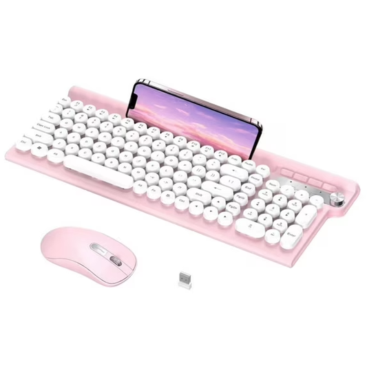 Wireless Keyboard and Mouse Combo, RaceGT Silent Keyboard Mouse Set, Full-Sized Typewriter Keyboard with Phone Tablet Holder, Round Keycaps, 2.4G Mouse Compatible with PC/Laptop/Computer(Pink)