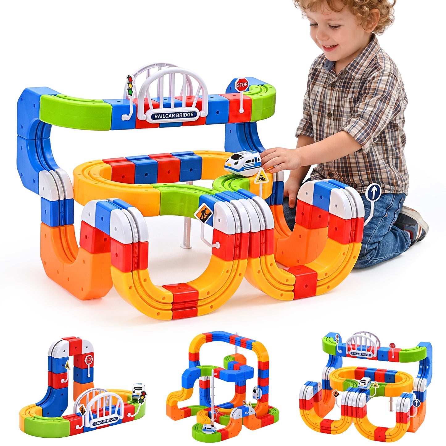 RaceGT Electric Train Set for Kids, 100Pcs Build 3D DIY Track Building Kits with Train and Traffic Signs, Racing Track Sets, STEM Car Toy Set for Boys Girls, 3 4 5 6 7 8 Years Old Birthday Gift
