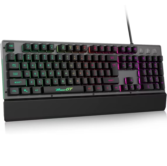 RaceGT Wired Mechanical Gaming Keyboard, RGB Backlit Computer Keyboard with Wrist Rest, 104 Keys Full Size Membrane Gaming Keyboard Splash-Proof Design Metal Panel for Windows, Mac, PC, Laptop