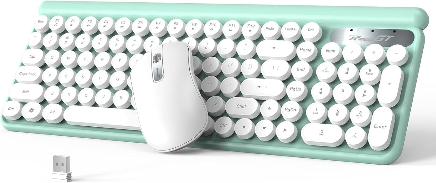 Wireless Keyboard and Mouse Combo, RaceGT Typewriter Keyboard Mouse Combo, 2.4G Silent USB Mouse, Quiet Cordless Cute Retro Keyboard Mouse Set, for Windows, Computer, Desktop, PC, Laptop, Green