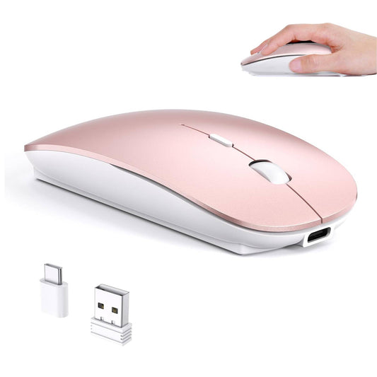 RaceGT USB C Wireless Mouse for MacBook Pro/Air, Rechargeable Portable Silent Mouse for Laptop, USB C & USB A Dual Mode Receiver Cordless Mice for MacBook, Mac, PC, Desktop and Multi-Device-Rose Gold