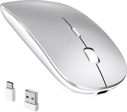 RaceGT Bluetooth Mouse for MacBook Pro/Air, Wireless Rechargeable Portable Silent Mouse for Laptop, BT5.4 & USB C & USB A Tri-Mode Cordless Mice for MacBook, Mac, PC, Desktop and Multi-Device-Silver