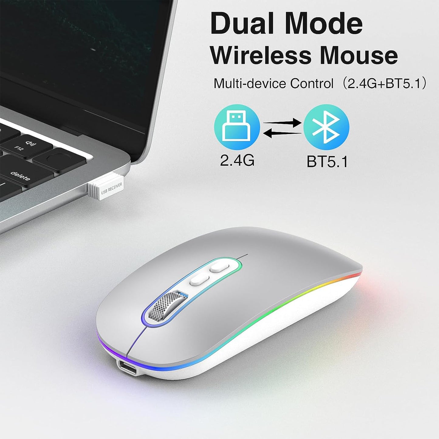 Cimetech Wireless Bluetooth Mouse, Slim Rechargeable Mac Mouse, Computer Mice with Dual Mode (Bluetooth 5.1 and 2.4G) (Silver)