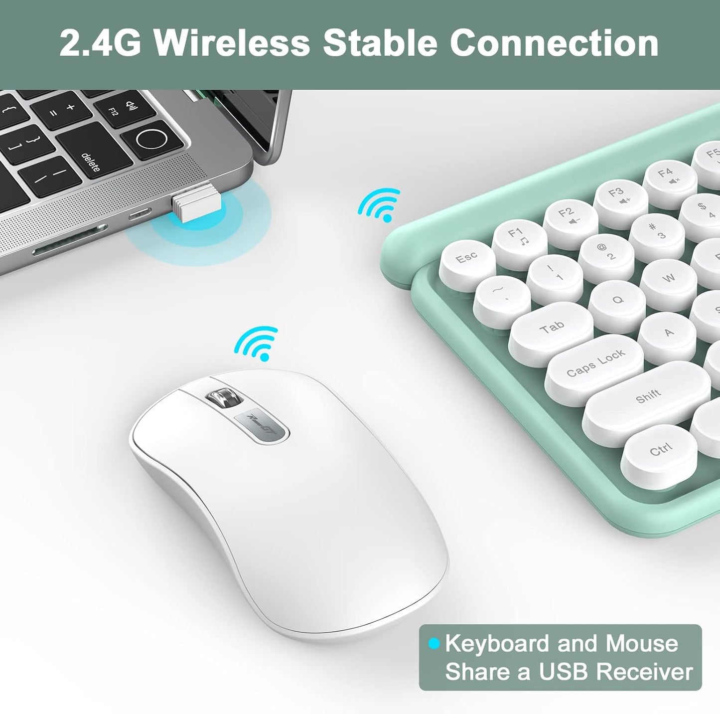 Wireless Keyboard and Mouse Combo, RaceGT Typewriter Keyboard Mouse Combo, 2.4G Silent USB Mouse, Quiet Cordless Cute Retro Keyboard Mouse Set, for Windows, Computer, Desktop, PC, Laptop, Green