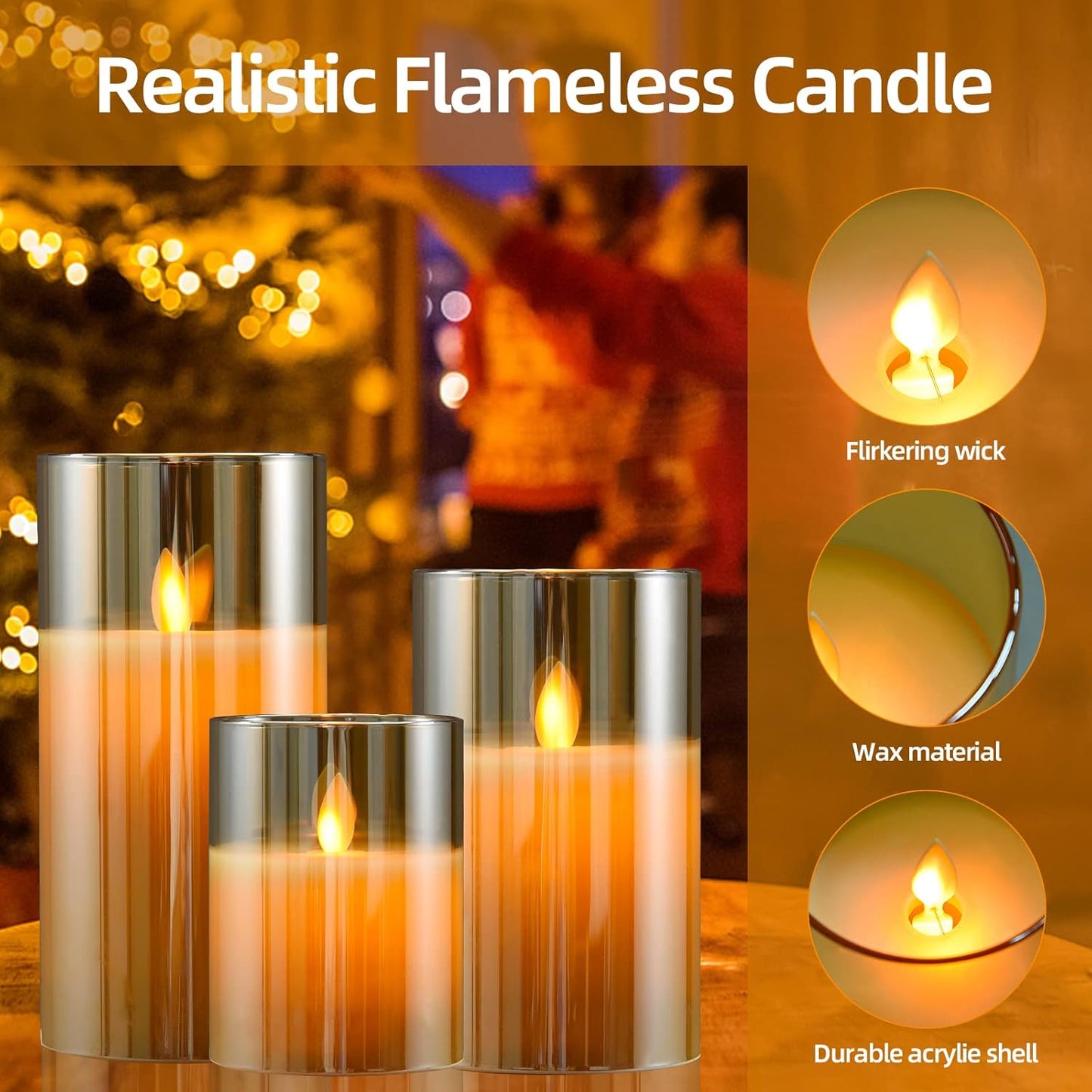cntorich Flameless Candles 4" 5" 6" Set of 3 Outdoor Indoor Fake Pillars Gold Glass LED Battery Operated Candles Include 10-Key Remote Timer for Wedding Party Halloween Christmas Thanksgiving