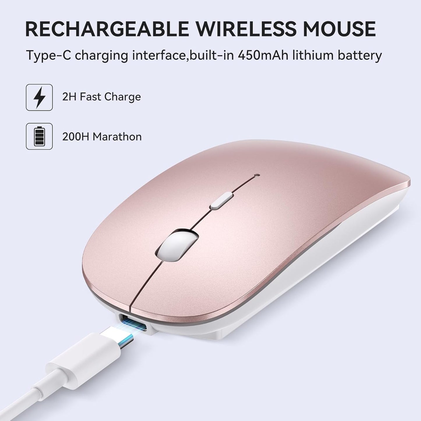 RaceGT USB C Wireless Mouse for MacBook Pro/Air, Rechargeable Portable Silent Mouse for Laptop, USB C & USB A Dual Mode Receiver Cordless Mice for MacBook, Mac, PC, Desktop and Multi-Device-Rose Gold