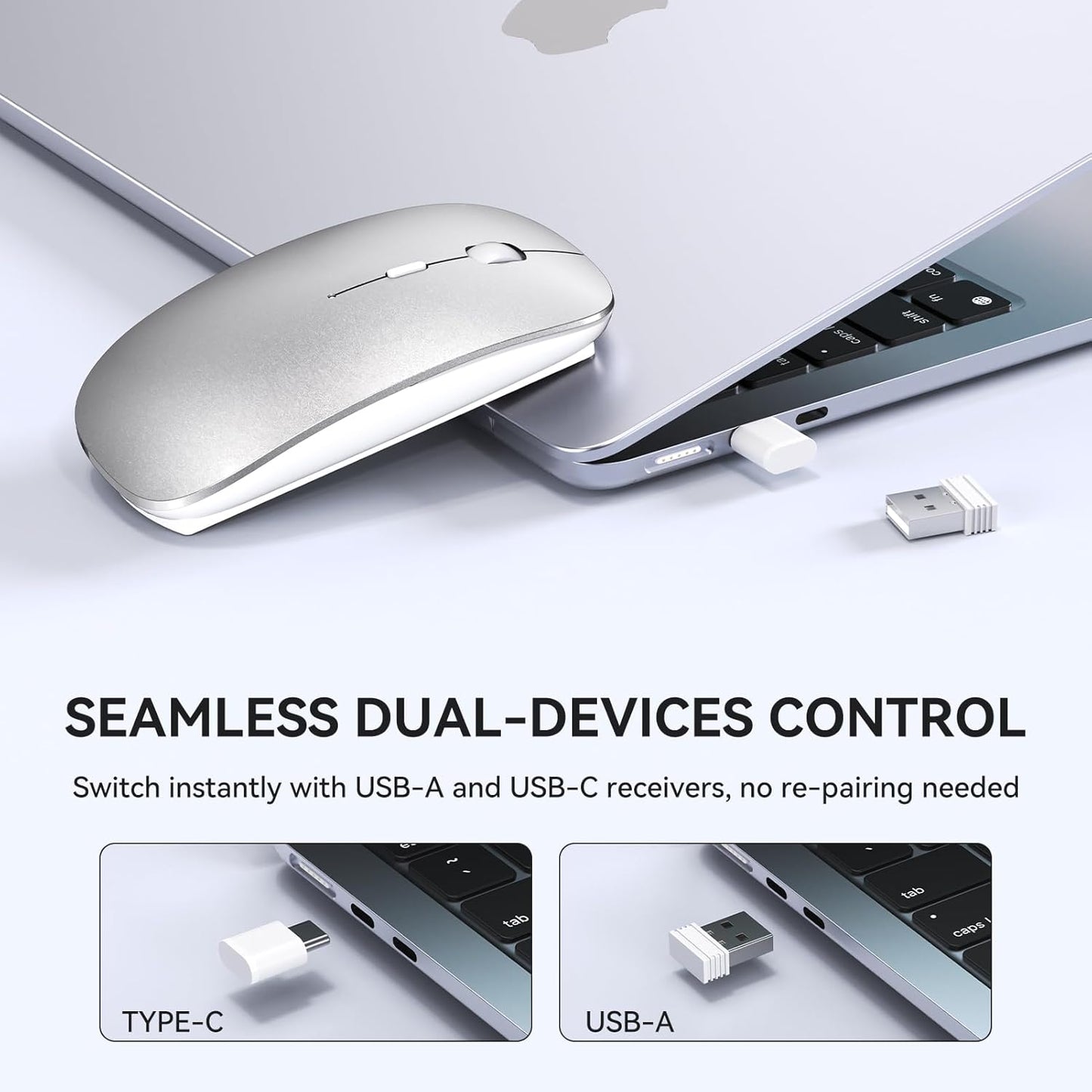 RaceGT USB C Wireless Mouse, Rechargeable Portable Silent Mouse Nano USB and Type C Receiver Dual Mode Wireless Mice, Slim Travel Mouse for MacBook Air, Laptop, Mac, MacBook, Chromebook, PC, Silver