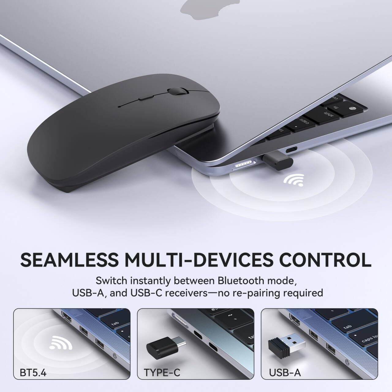 RaceGT Bluetooth Mouse for MacBook Pro/Air, Wireless Rechargeable Portable Silent Mouse for Laptop, BT5.4 & USB C & USB A Tri-Mode Cordless Mice for MacBook, Mac, PC, Desktop and Multi-Device-Black