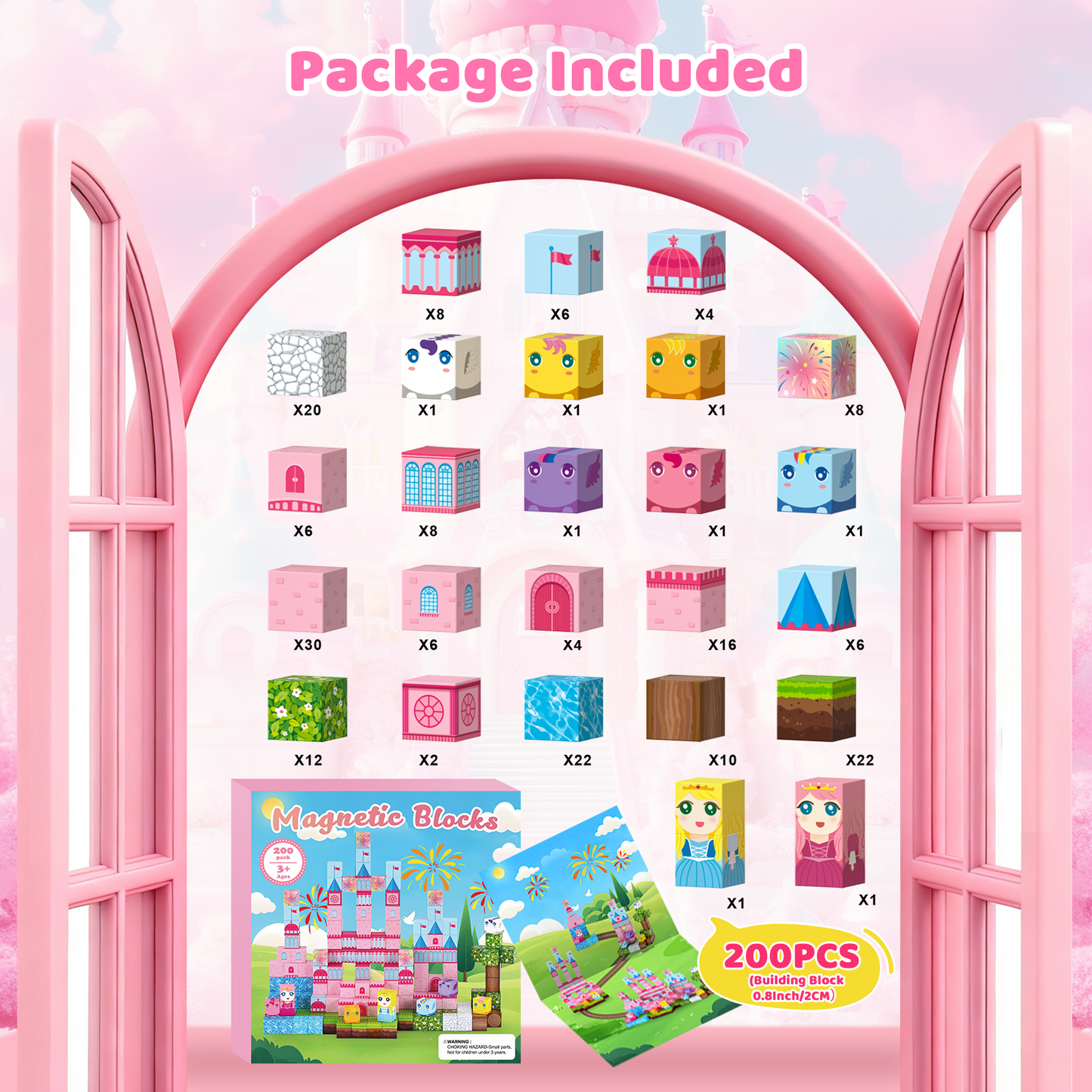 Magnetic Blocks, Upgraded 200pcs Magnet Tiles Building Set for Boys & Girls, Magnetic Cubes Toys, STEM Montessori Sensory Toys for Kids, Birthday Festival Gifts for Ages 3+ Years Old (Castle)