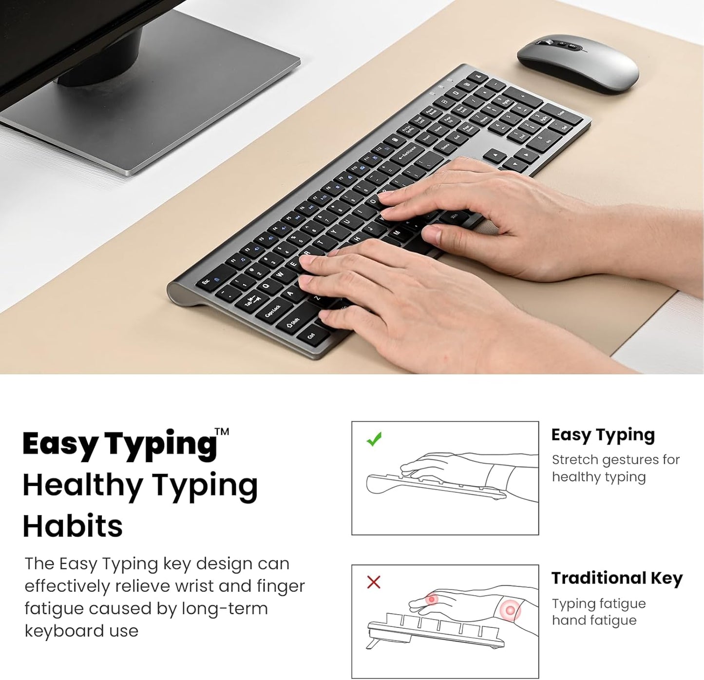 Rechargeable Wireless Keyboard and Mouse Combo, cimetech Full Size Silent Ergonomic Scissor Keyboard and Optical Mouse Set, 2.4G Lag-Free Cordless Keyboard Mice for Computer,Mac,Laptop,Windows-Gray