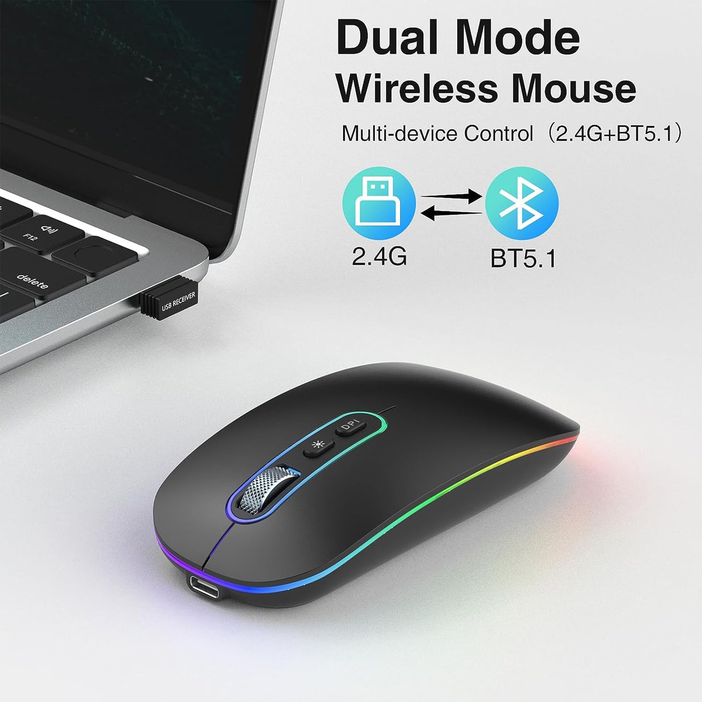 Cimetech Wireless Bluetooth Mouse, Slim Rechargeable Mac Mouse, Computer Mice with Dual Mode (Bluetooth 5.1 and 2.4G) (Silver)