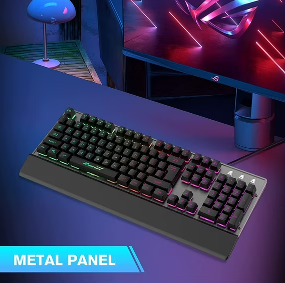 RaceGT Wired Mechanical Gaming Keyboard, RGB Backlit Computer Keyboard with Wrist Rest, 104 Keys Full Size Membrane Gaming Keyboard Splash-Proof Design Metal Panel for Windows, Mac, PC, Laptop